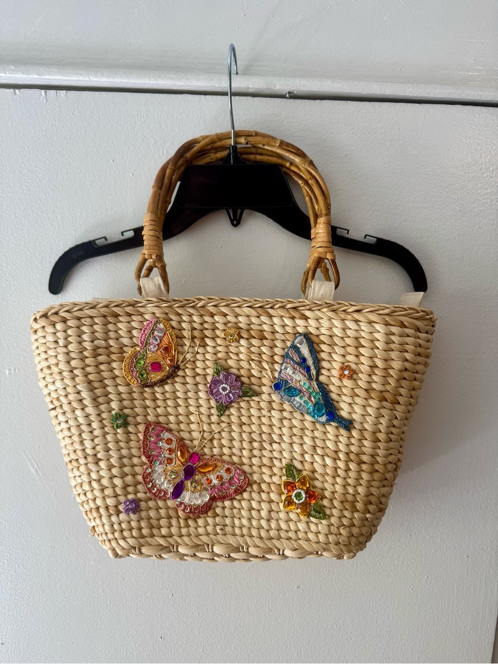 Cappelli Straworld Natural Straw Tote Colorful Embellished Butterflies 15x9” - Picture 12 of 16